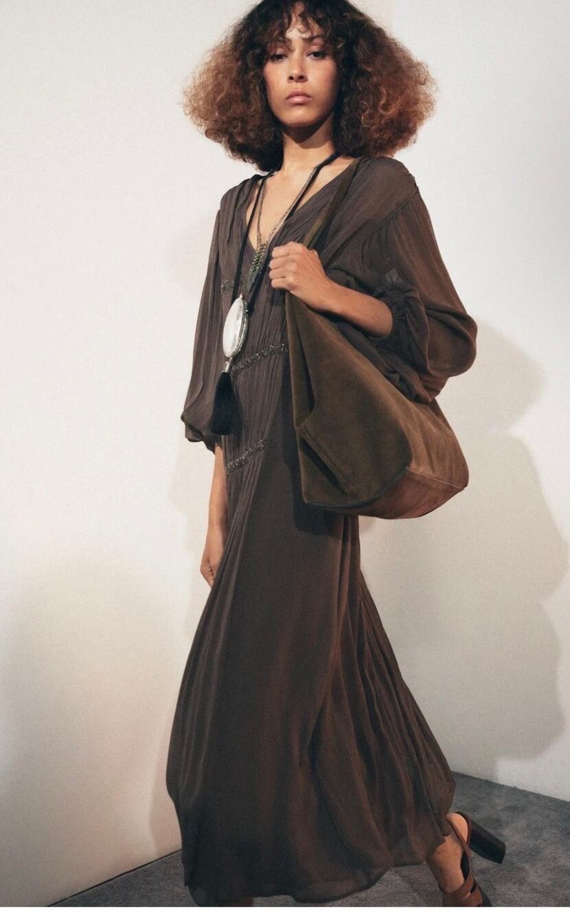 Zara ZW Collection Pleated Crinkle Sequin Long Sleeve Maxi Dress size L NWT